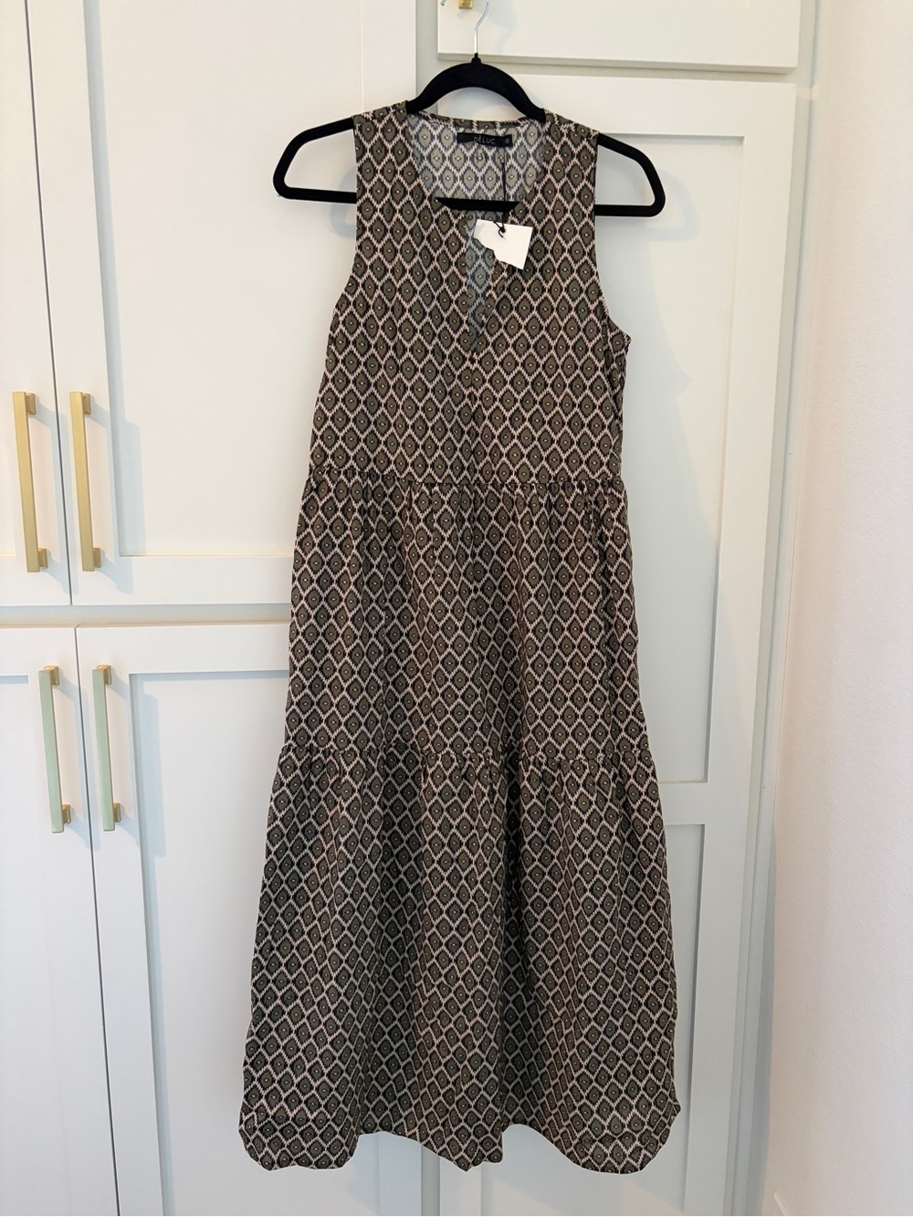 Deluc Brown Geometric Sleeveless Tiered Maxi Dress